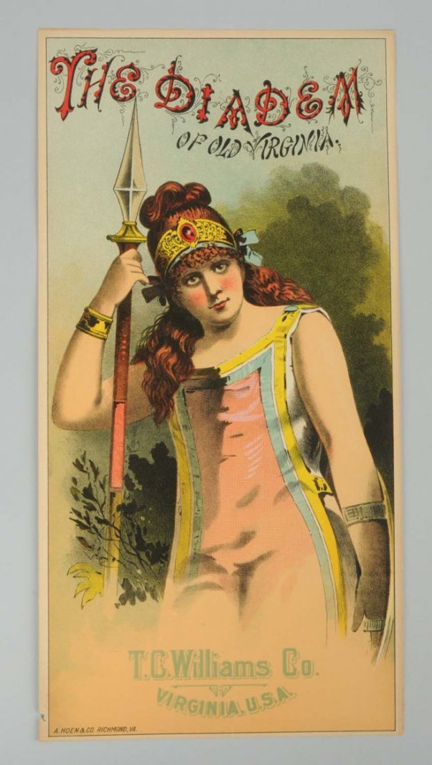 The Diadem of Old Virginia Tobacco Crate Label.: The Diadem of Old Virginia was manufactured by T.C. Williams. Condition (Excellent). Size 7" x 13 -1/2".