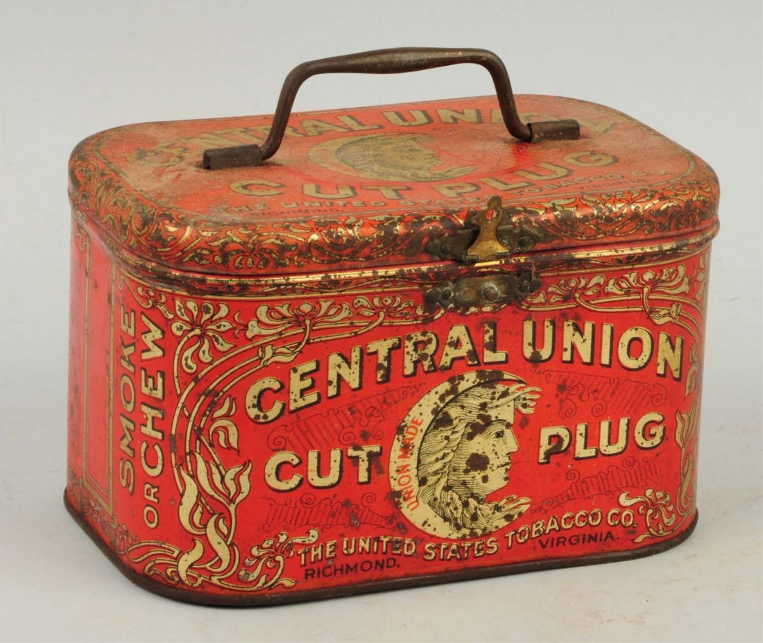 Central Union Tobacco Tin.: This tin has minor scratching and small rust spots overall with a more severe area along the lid rim. Condition (Very Good). Size 7" L.