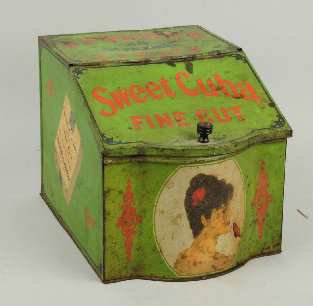 Countertop Sweet Cuba Tobacco Tin.: This tin has moderate wear and rust overall. Condition (Very Good). Size 9" L.