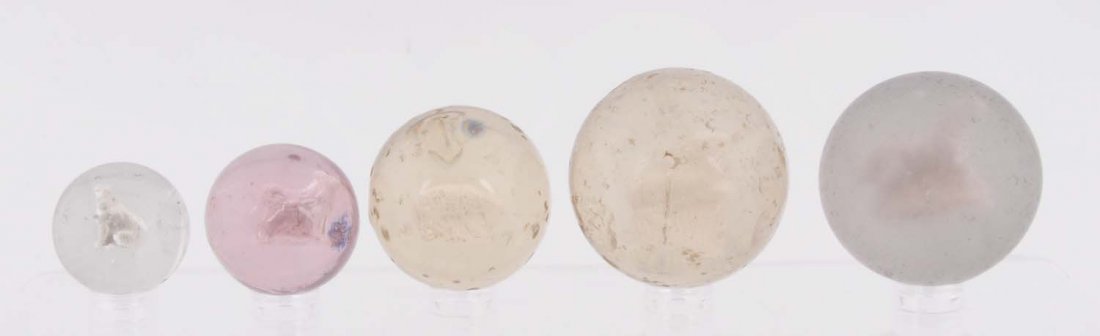 Lot of 5: Sulphide Marbles.: Includes a rearing horse marble, a standing horse marble, a standing dog marble, a sitting dog marble, and a lamb marble. Rearing horse and standing dog both have fractures on the body. Condition (8.0