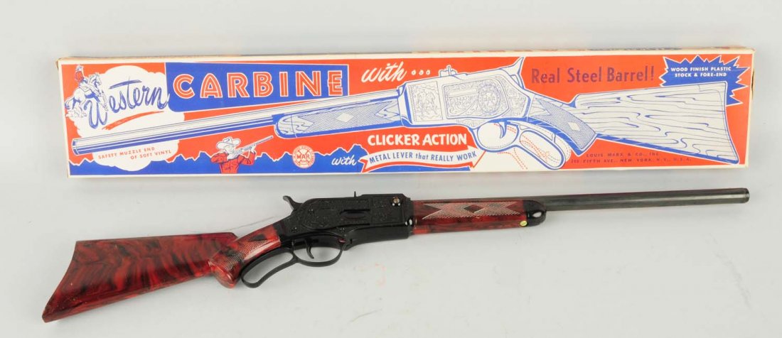 Marx Western Carbine Clicker Action Toy Rifle.: Western Carbine has the original box. Unused old store stock. Condition (Near Mint). Size 27 - 1/2" L.