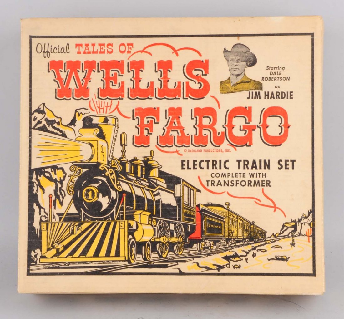 Marx Wells Fargo Train Set In Box.: Box has one tiny area that is torn, otherwise is in great shape. It includes a colorful picture of the train set on top panel and has original inserts. Train set came with locomotive and four train ca