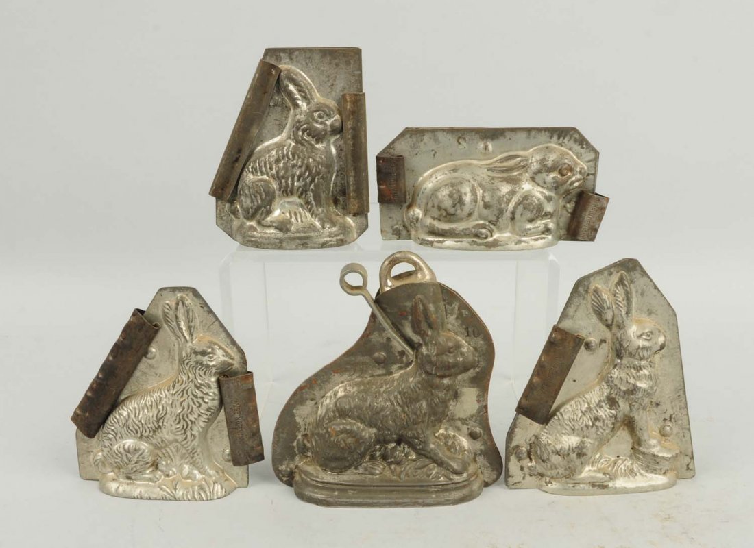 Lot of 5: Small Rabbit Chocolate Candy Molds.: Includes five assorted rabbit molds including three made in Germany. Condition (Very Good). Size Largest: 4 - 1/4" T.