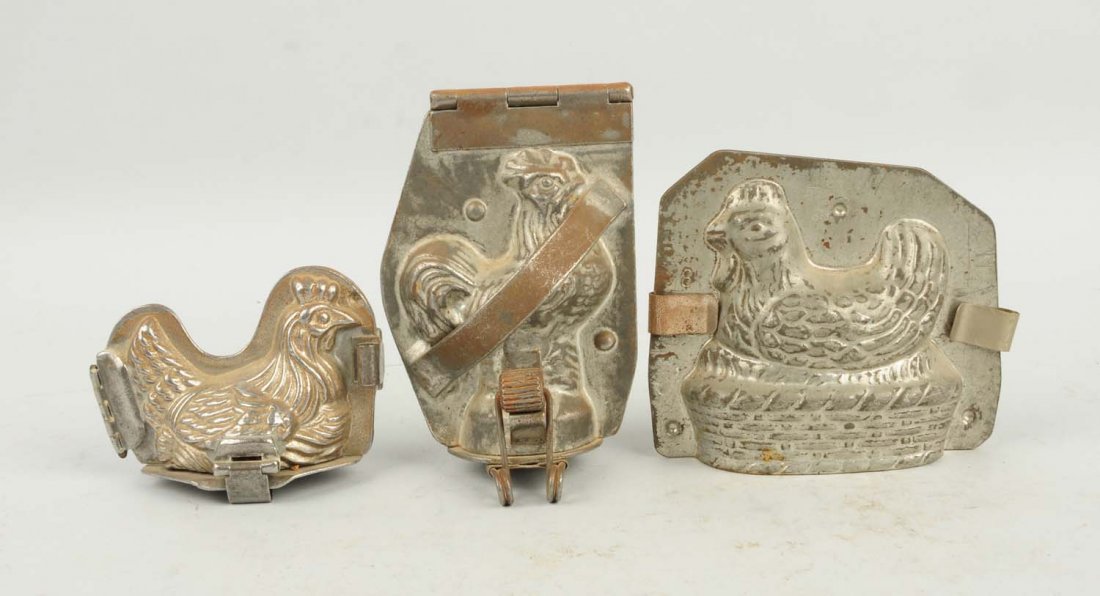 Lot of 3: Chicken Chocolate Molds.: This lot includes two chickens on nests and one other standing chicken. Condition (Very Good). Size Largest: 4 - 1/2" T.