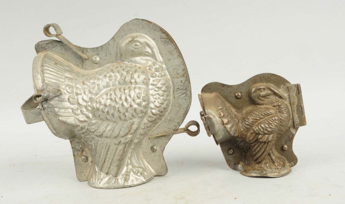 Lot of 2: Turkey Chocolate Molds.: This lot includes one medium size and one small turkey mold. Condition (Very Good). Size Largest: 6 - 1/2" T.