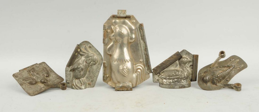 Lot of 5: Bird Chocolate Molds.: This lot includes a German parrot, a German duck and three other various birds. Condition (Very Good). Size Largest: 7" T.