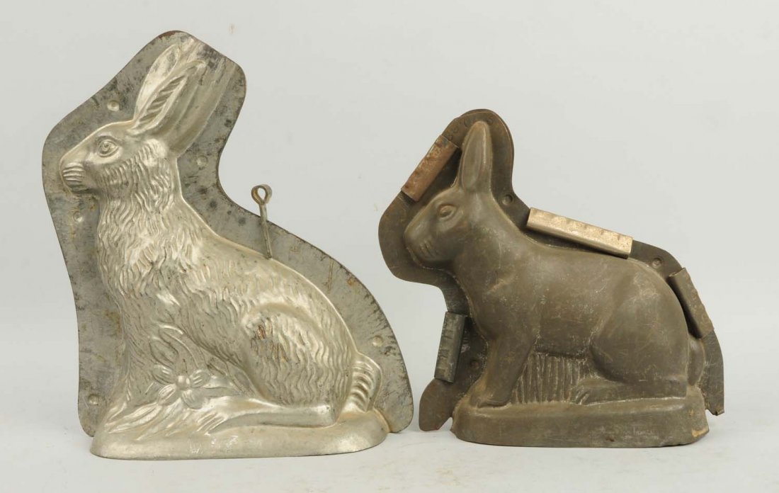 Lot of 2: Large German Rabbit Chocolate Molds.: This lot includes two molds depicting sitting rabbits. One mold is fairly early. Condition (Very Good). Size Largest: 12 - 1/4" T.