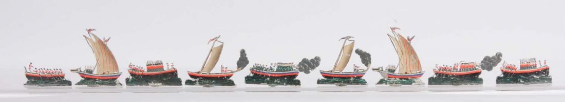 9Pc. 19th Century Prussian Small Ships.: Ships are made of lead. Painted on both sides in beautiful red, green and blue colors. They show great details of people on ships and their clothing. Condition (excellent - near mint). Size 12 - 1/4" 