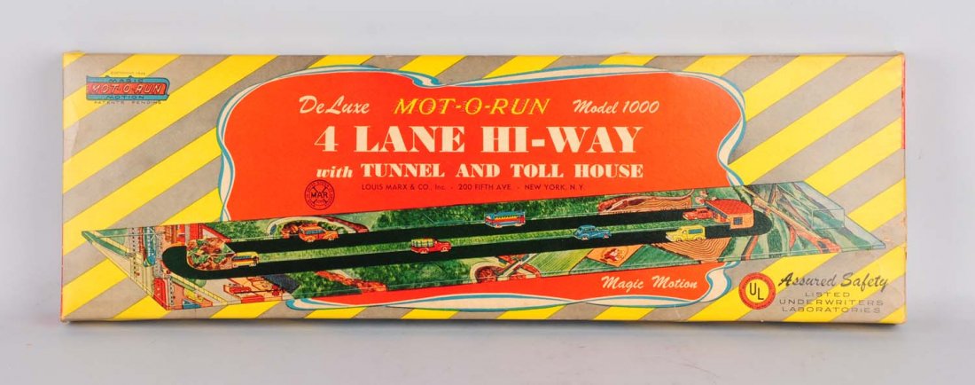 Marx Deluxe Moto-O-Run Model 1000 4 Lane Hi-Way.: With tunnel and toll house. Also includes ten Mot-O-Run cars. In original box. Box has beautiful colored picture of the track, tunnel, house, cars, and the name of the set written on it. All these are