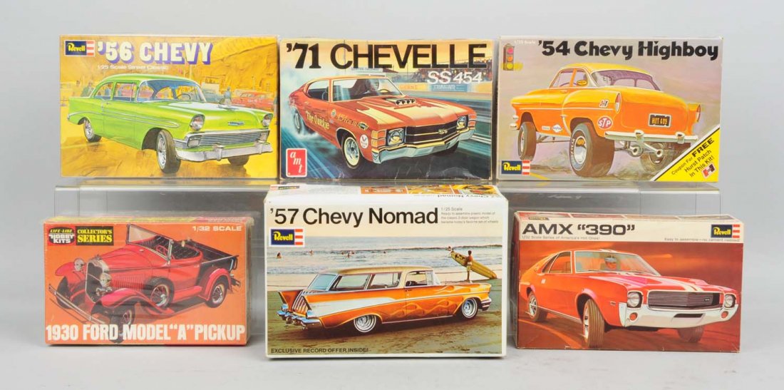 Lot of 6: Vintage Automobile Model Kits.: Various manufacturers including Revell AMT. Life like hobby kits. Vary from 1-25 scale to 1-32 scale. Some are built and some are unbuilt. Includes an AMX 390, a 1957 Chevy Nomad, a 1956 Chevy, a 1956