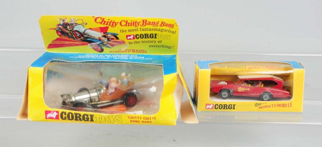 Lot Of 2 Boxed Corgi Toys: Includes Monkey Mobile and Chitty Chitty Bang Bang car both in original boxes. Monkey mobile box has small creasing to couple of flaps. It includes insert and a tape repair to back of insert. Monkey m