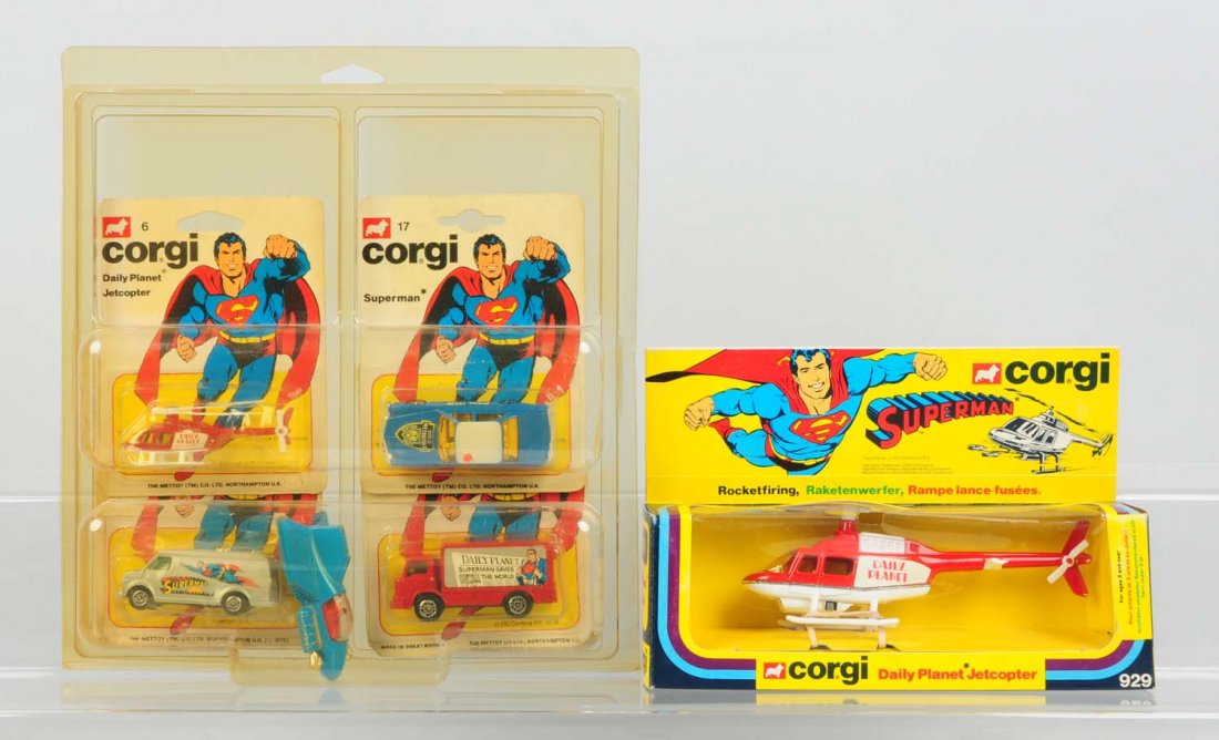 Lot of 2: Superman Toys.: In original boxes. Includes a Daily Planet Jetcopter, and four toys which consist of Daily Planet Jetcopter, Superman police car, Superman van, and Daily Plant van. All are in original packaging. Boxe