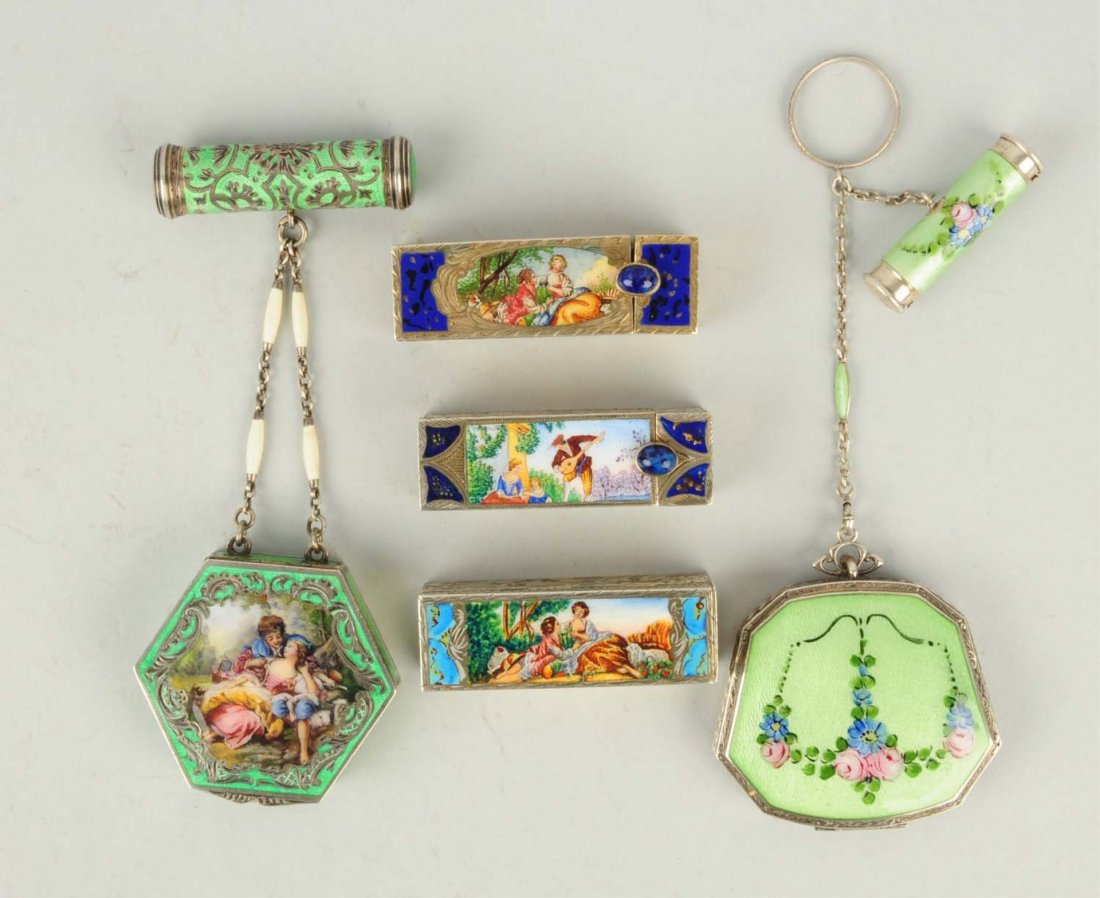 Lot of 5: Enameled Items.: This lot includes several compacts and other items. Condition (Excellent). Size Largest: 2 - 1/2" L.