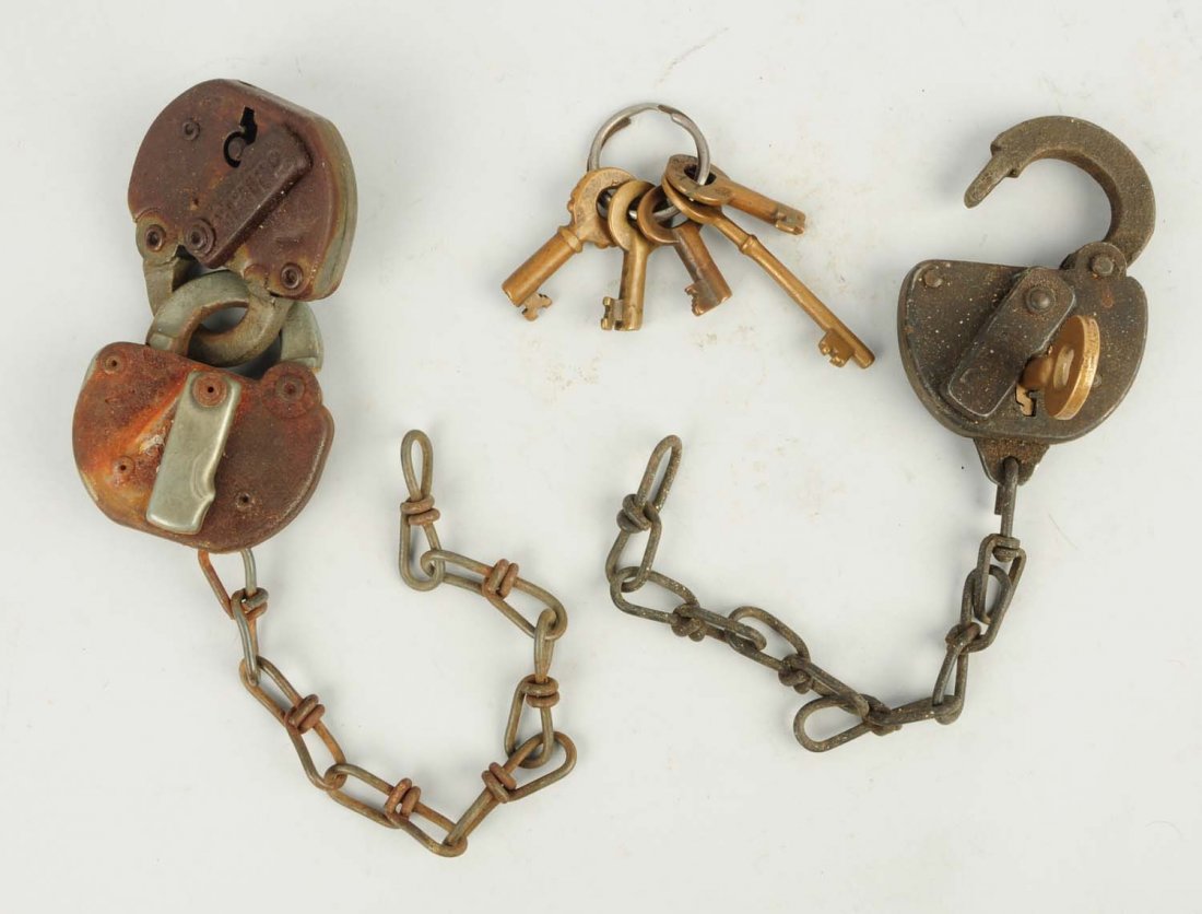 Lot of 3: Padlocks.: One lock is marked "PRR". One is marked "Adlake". The third is unmarked but is similar. The third may also have repair. All keys are present. Condition (Very Good). Size Largest: 4 1/2" L.