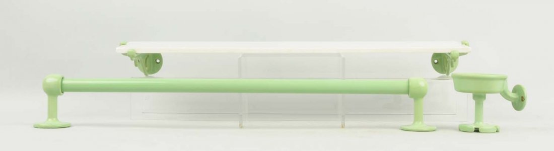 Lot of Assorted Antique Items.: This lot includes a group of green enameled bathroom accessories including a towel rack, soap dish - toothbrush holder, and a pair of curtain ties. Also included are assorted door latches, door knobs,