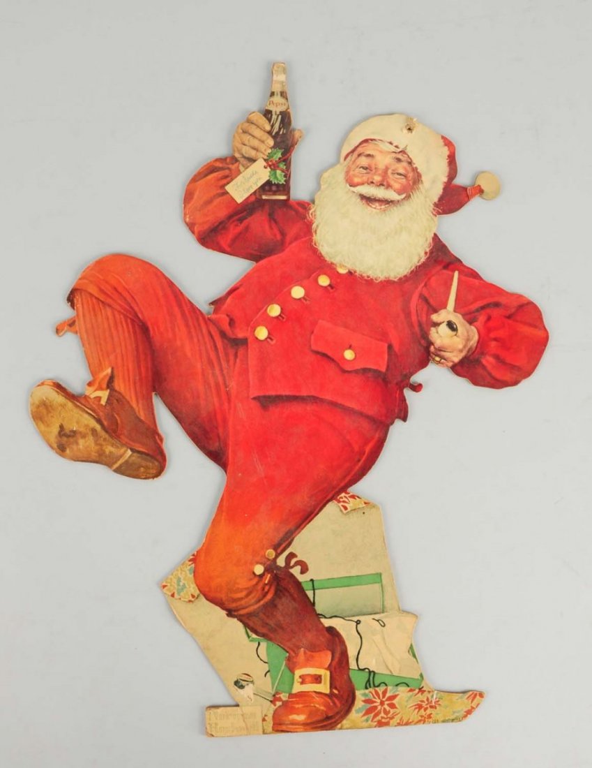 Pepsi Norman Rockwell Santa Clause Display.: This cardboard standup display depicts a dancing Santa Clause as illustrated by Rockwell. The easel back is missing. Condition (Very Good). Size 20" L.