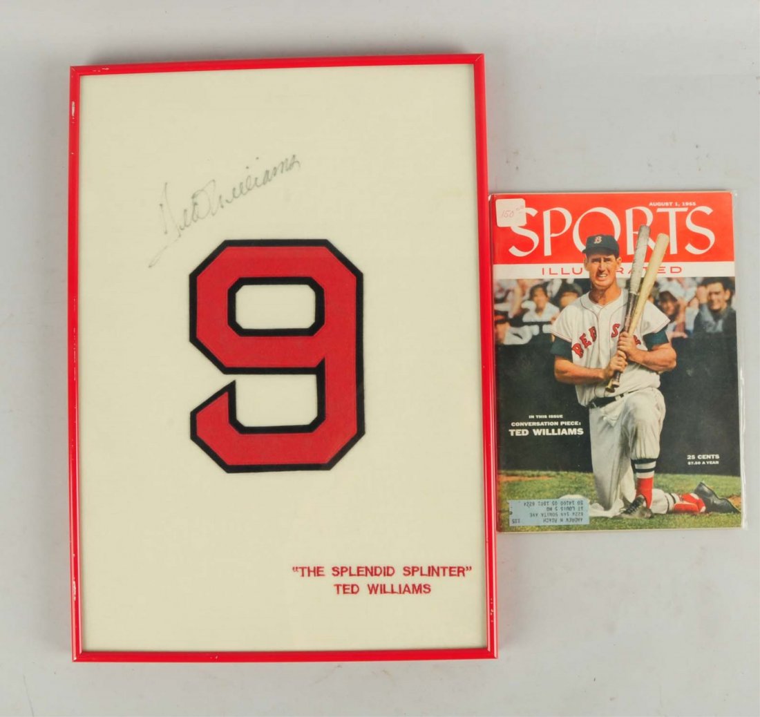Lot of 2: Ted Williams Items.: Includes a signed facsimile jersey and a copy of the August 1, 1955 Sports Illustrated which features Ted Williams on the cover. The autograph on the jersey appears to be authentic. Condition (Very Go