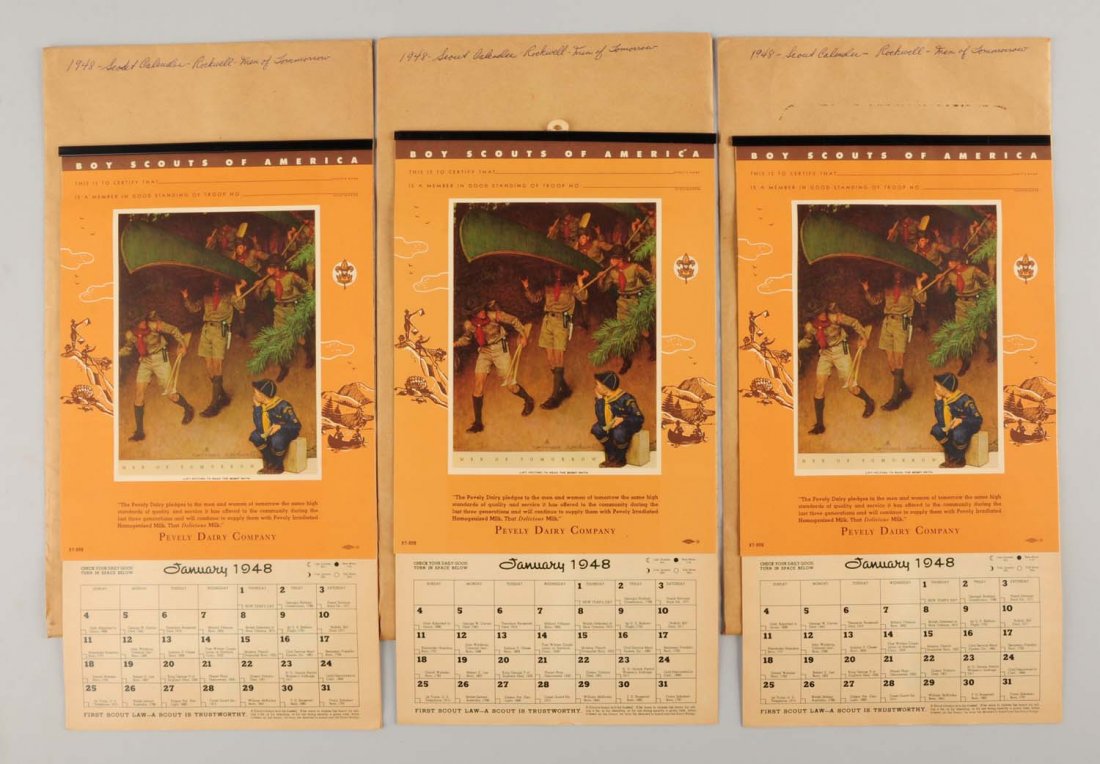 Lot of 3: Small 1948 Rockwell Boy Scout Calendars: This lot contains three small format Norman Rockwell illustrated Boy Scout calendars. Condition (Excellent). Size Each : 14 -1/2" L .