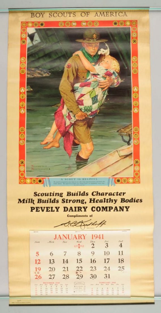 Lot of 4: 1940s Rockwell Boy Scout Calendars.: This lot contains four Norman Rockwell illustrated Boy Scouts calendars from the 1940s. Condition (Excellent). Size Each : 17" L.