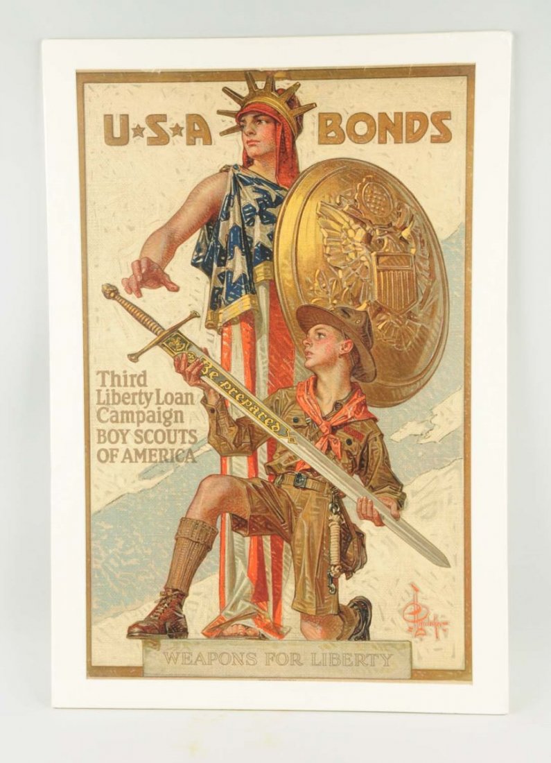 J.C. Lyendeck Boy Scouts Buy Bonds Poster.: This Linen backed World War I oster depicts Lady Liberty with a Boy Scout holding her sword. I was illustrated by J.C. Leyendecker. Condition (Very Good). Size 32" L.