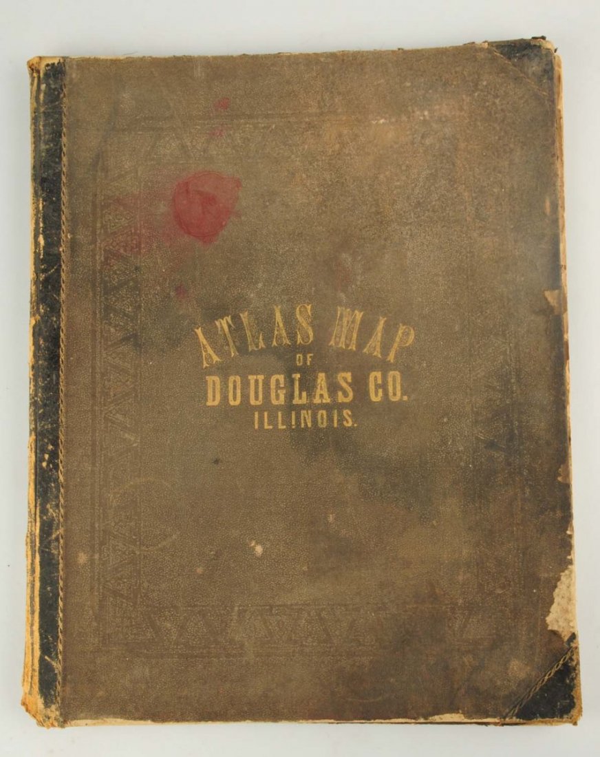 1875 Douglas County, Illinois Atlas.: This atlas has some staining to the front cover. Heavy foxing on the inside pages and some minor staining to the pages throughout. It contains multiple colorized maps and illustrations of local estate