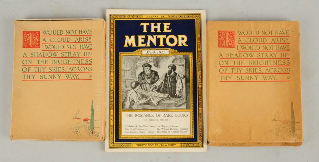 Lot of 3: Maxfield Parrish Illustrated Items.: Includes a boxed 1916 calendar of Cheer and a boxed 1918 calendar of Cheer. Also included is the March 1922 issue of the mentor magazine. This issue has numerous Parrish illustrations throughout. Cond