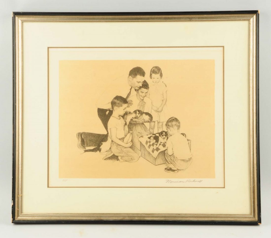 Norman Rockwell Signed Print.: This print depicts a family surrounding a box of puppies. It is signed in pencil by Rockwell. Condition (Excellent). Size 27 - 1/2" X 23 - 1/2"