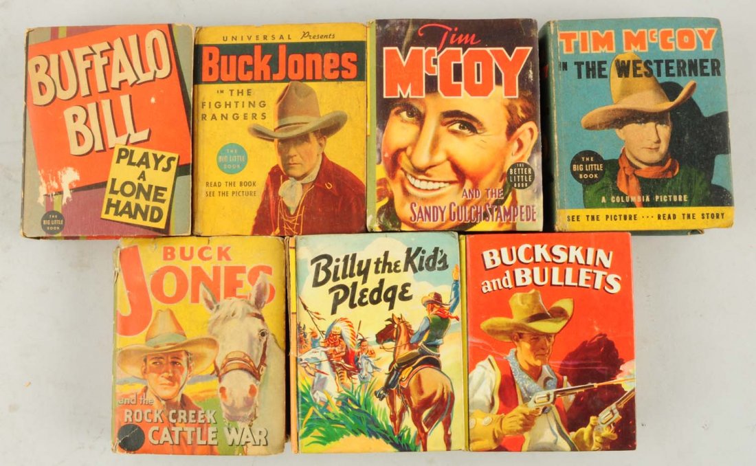 Lot of 7: Western Themed Big Little Books.: Books in this lot include Tim McCoy: The Westerner, Buffalo Bill Plays a Lone Hand, Buck Jones in the Fighting Rangers, and four other titles. Condition (Very Good). Size 4 - 1/2" L.