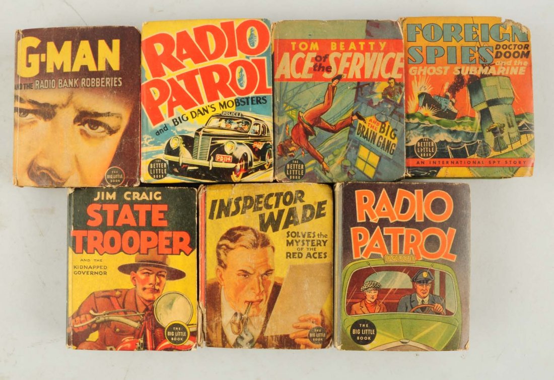 Lot of 7: Crime Themed Big Little Books.: Includes Radio Patrol and Big Dan's Mobsters, Inspector Wade of Scotland Yard, Jim Craig State Trooper, and four other titles. Condition (Good - Very Good). Size 4 - 1/2" L.
