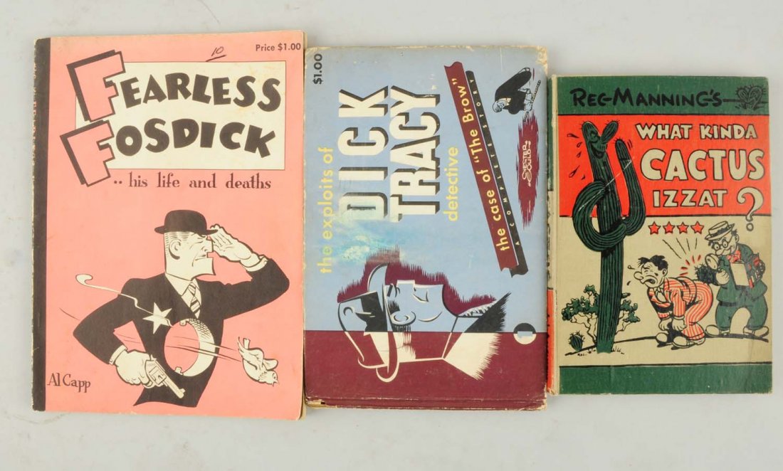 Lot of 3: Comic Character Books.: Includes The Exploits of Dick Tracy Detective: The Case of the Brow, What Kind of Cactus is Izzat? by Reg Manning, and Fearless Fosdick: His Life and Deaths by Al Capp. Condition (Very Good). Size Lar