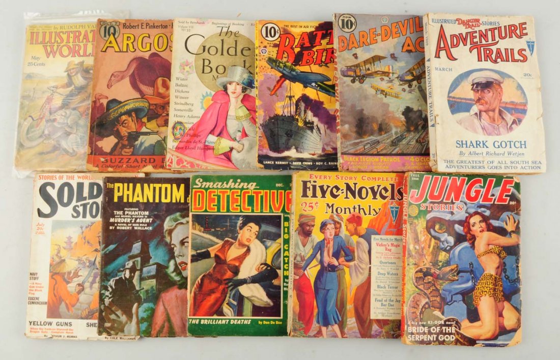 Lot of 11: Assorted Pulp Magazines.: Includes a 1940s issue of Jungle Stories, and a 1929 issue of adventure trails. Other titles include Daredevil Aces, Battle Birds, The Phantom Detective, and assorted other titles. Condition (Good - V
