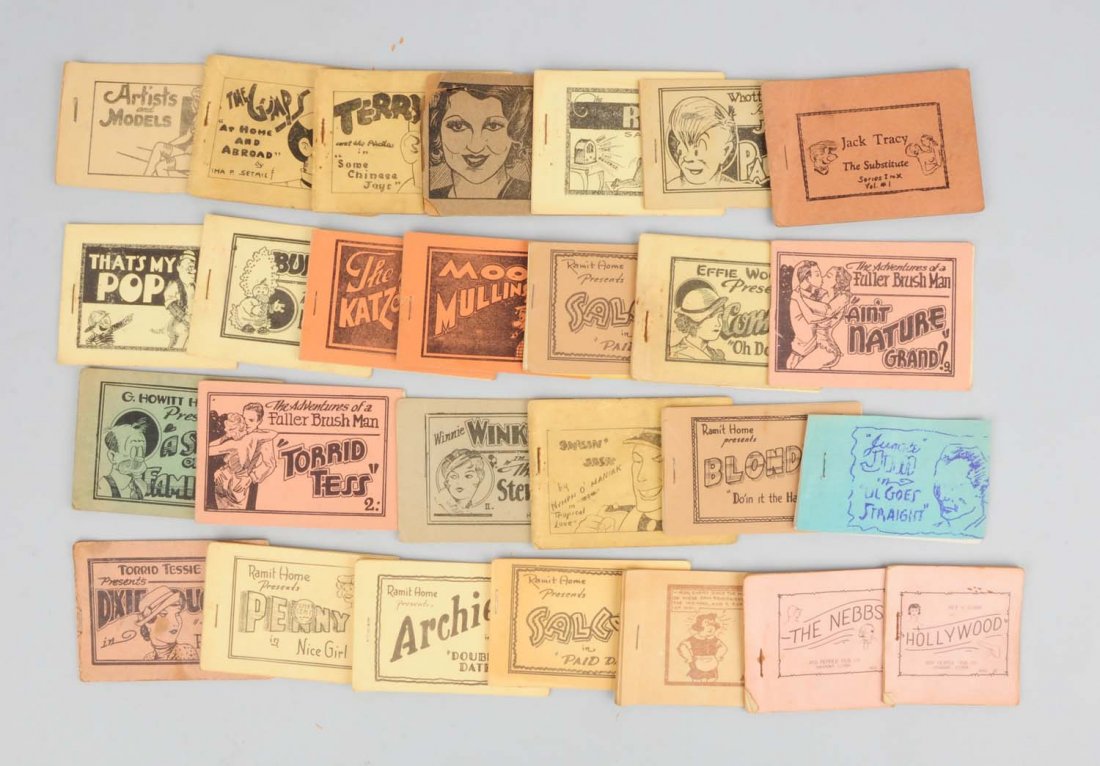Lot of 25: Tijuana Bibles.: The titles in this lot include The Gumps at Home and Abroad, Artist and Models, Jack Tracy the Substitute, and many other titles. Condition (Very Good). Size 4" L.