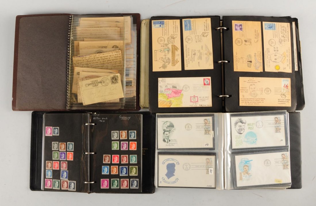 Lot of Early USA First Day Covers.: 1940 - 1970 Kleer Vue Cover album, 1960 Bill four Ker personal artwork, 1870 - 1900 first day postal cards business related. 1930 - 1960 first day covers loose Germany stamps, 1981 - 1983 first day co