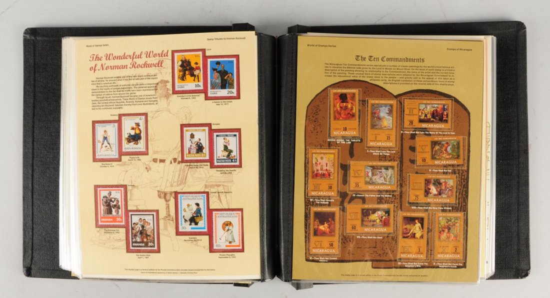 Lot of Masters Albums Global Stamps.: 1980 Olympic Winter Games; neat collection of tribute to Winter Games, 1981 Norman Rockwell miniature sheets, 1981-1982 Norman Rockwell miniature sheets, 1986-1987 mint stamps of the world; limited ed
