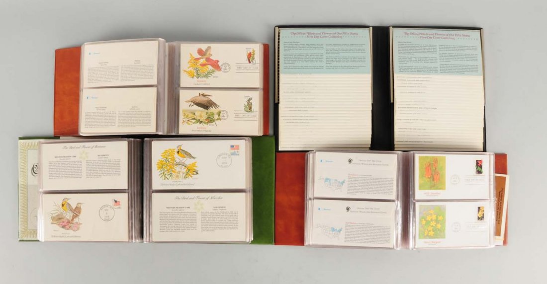 Mega Lot of U.S.A First Day Covers 10 Albums.: 1982 Bird and flowers of 50 states. 1980 wildlife of 50 states. 1978 Birds and flowers of 50 states. Two books of 1982 Birds and flower of 50 states. Two books of 1992 Wild flower of 50 states. Two bo