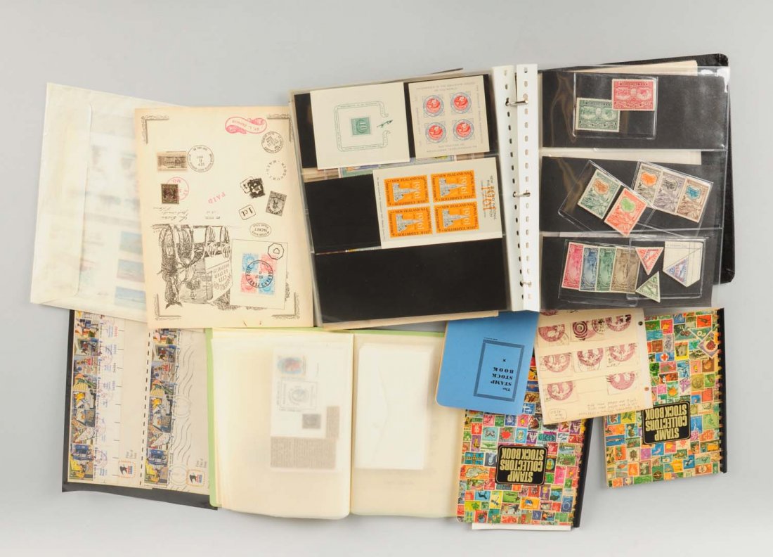 Lot of U.S.A. Cancelled Stamps & Foreign: First day covers Zepplins loose. Bags of auction purchases. U.S.A and foreign albums. Re-contracted German sheets. Cancelled letters, plate block, and seals. United Nations Map kit.