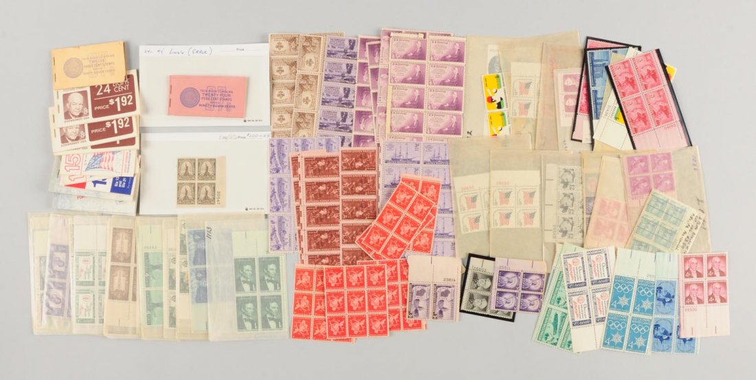 Large Lot 3: Taxes Mint U.S.A. & Reg. Issues.: Box one face value $140.00. Many plate blocks. Box two face value $110.00. Box three face value $60.00. Total face value #310.00. Many booklets one -24 4¢ Lincoln Error.