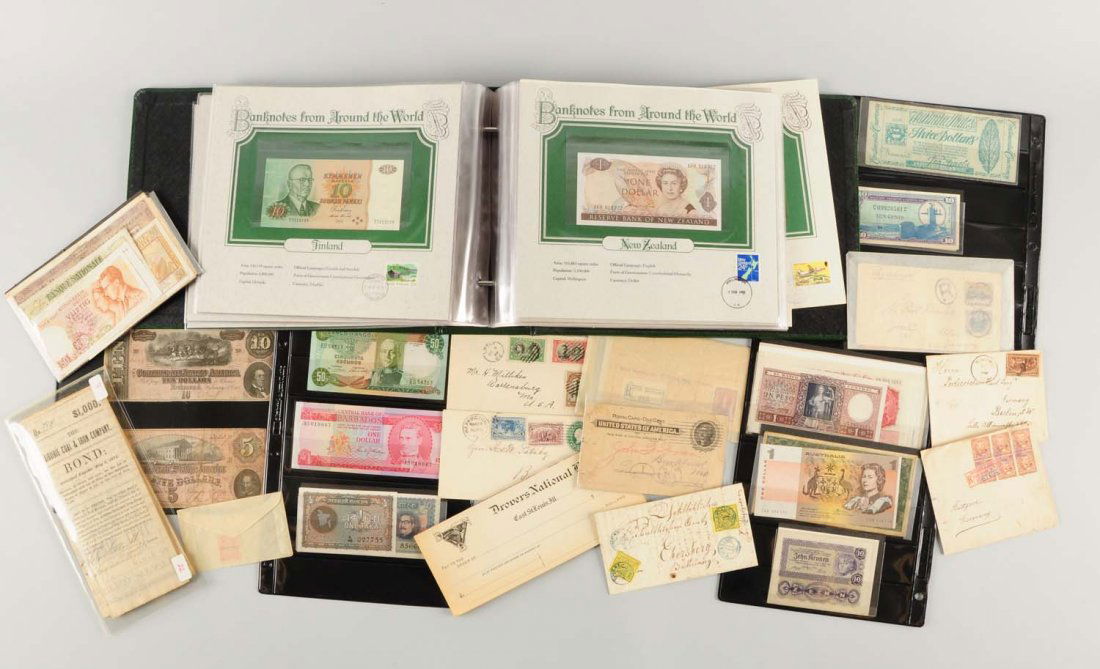 Large Lot of Misc. Paper/Stamps.: U.S.A. cancelled checks late 1800s and cancelled letters. Telephase Co. stamps copier books. Sales tax stamps of others. Bank notes from around the world. 50 1864 confederate $5.00 bills and $10.00 bi