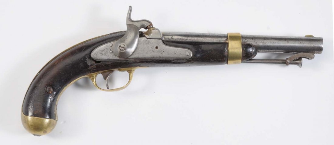 H. Aston 1842 54 Cal. Pistol.: Barrel length 8 - 1/2". Missing wood, metal shows cleaned rust nipple is damaged but working. Action lock dated 1849. UPDATE/CORRECTION: 1845-1852. OLD REPAIR SCREW (VINTAGE) THROUGH HANDLE. DENTS ON 