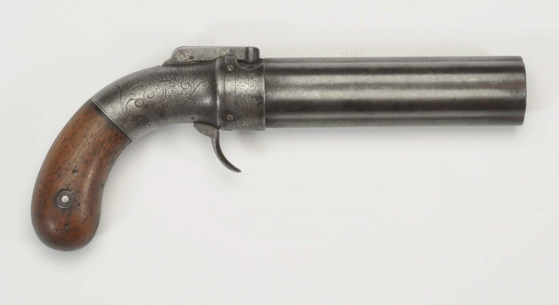 Allen & Thurber .36 Cal. Pistol.: Allen and Thurber production pepper box six shot percussion pistol in very good condition, with standard or medium size nipple shield and walnut grips. Marked, "Allen and Thurber Worcester." Overall l