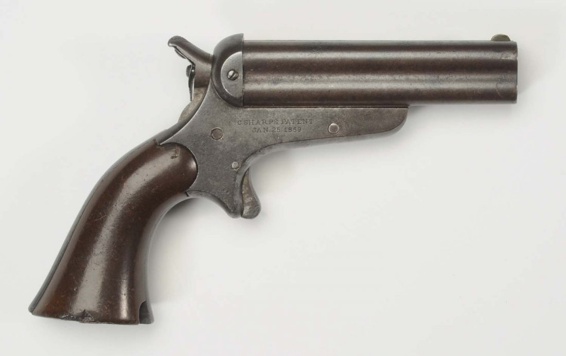 Sharps & Hankins .32SRF Mod 3 4-Shot Pepperbox.: Serial No. 3684 Sharps and Hankins .32 rimfire 4 barrel pocket pistol has plunger style barrel release on steel frame with wood grips in very good condition. Good example of Sharps derringer style pis