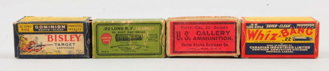 Lot of 4: US Gallery 22 Short Full.: Three empty. Whiz-bang 22 L.R., Bisley target. 22 L.R., and Rem/UMC partial box. .22 long shot (38) shells.Condition (Very Good).