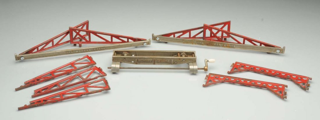 Box of Morgan Crane Parts.: These are cast iron, probably incomplete, and painted surfaces have some paint loss. Condition (Good).