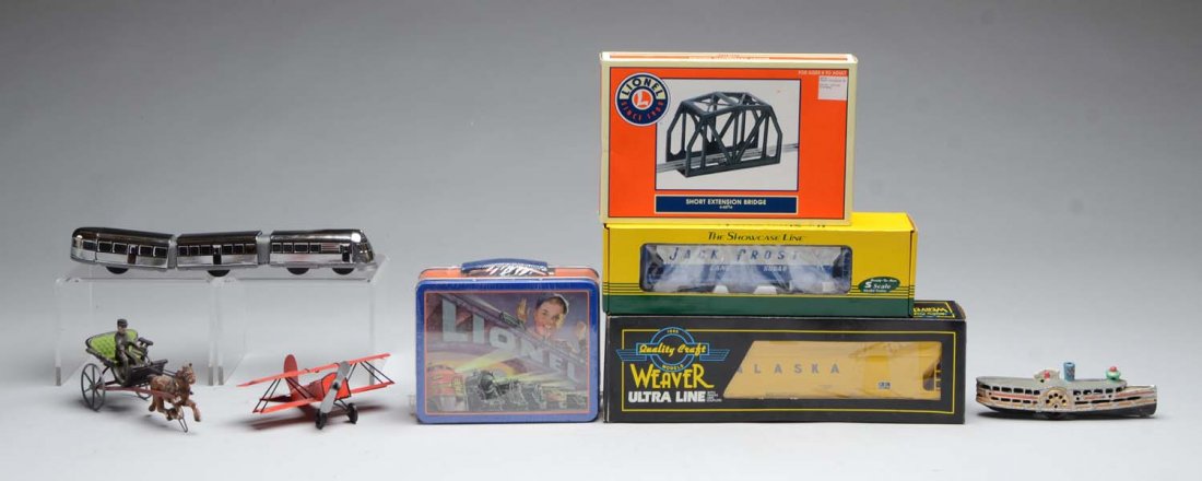 Large Assortment of Misc. Trains & Toy Parts.: Includes one S Helper, three bay Jack Frost hopper car. Complete. One toy streamline set chrome color by Schylling. One Weaver Alaskan hopper like new in original box. Assortment of miscellaneous item