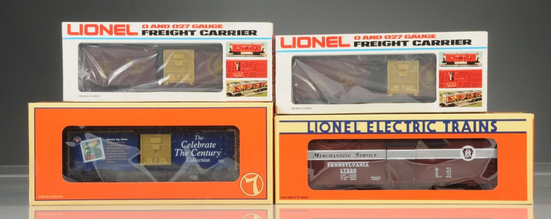 Lionel 29466 Wanamaker Cars, 17220 PRR Box Car.: Two No.9466 Wanamaker railway lines box cars are complete and includes the original boxes. No.17220 PRR Standard O box car is complete and comes in it's original box. No.28214 Lionel Celebrate the Cen