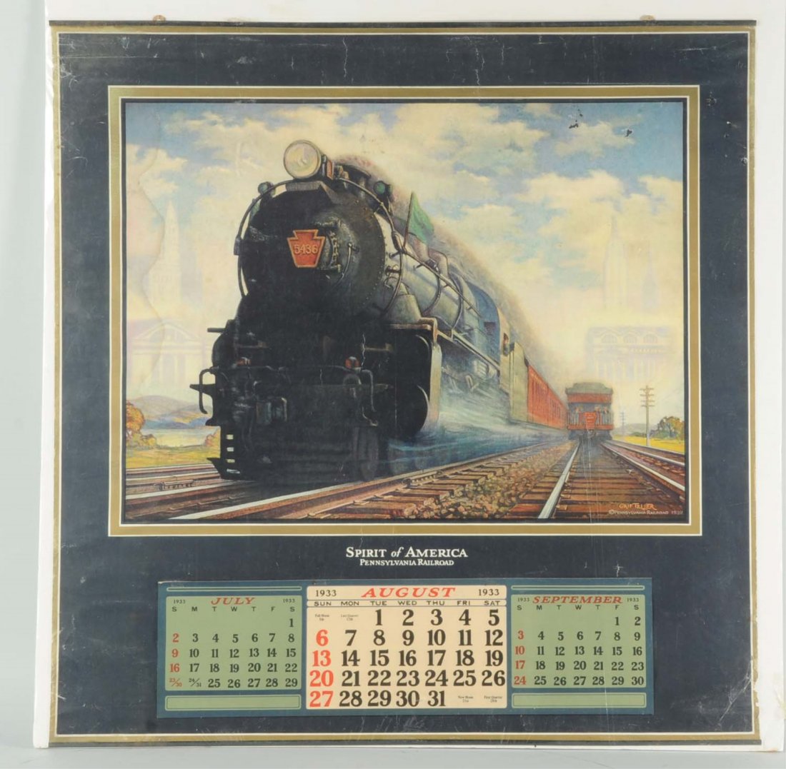 1933 PRR Calendar by Griff Teller.: Spirit of America. Mounted on poster board with clear plastic cover. Has some pieces missing from image in upper right corner. Has some creases and general wear. Condition (Very Good).