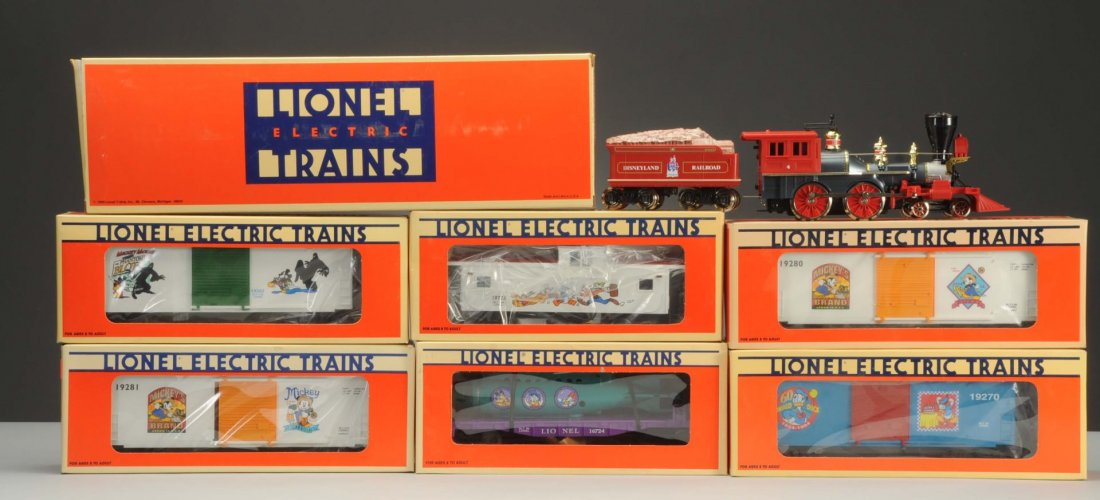 Lionel Disney Train Set.: Set comes with No.18008 Disneyland 35th anniversary steam locomotive and tender which has a complete display case, No.19281 Mickey's Carrots box car, No.19263 Perils of Mickey box car No.2, No.19723 D