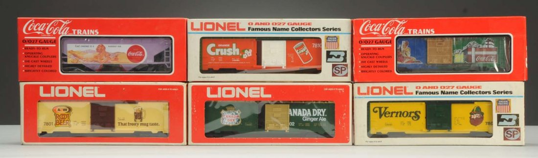 Lot of 6: MPC Era & K-Line Advertising Cars.: It includes No.7809 Vernors box car, No.7802 Canada Dry box car, No.7801 A & W Root Beer box car, No.7810 Orange Crush box car, K-Line 1993 Coca-Cola hopper car, and K-line 1994 Christmas box car. All