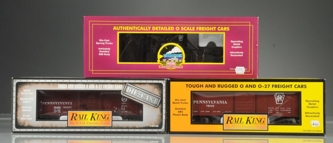 Lot of 3: MTH Rolling Stock.: It includes No.2098206 PRR Jordan Spreader which is complete and includes original box. MTH Rail King No.30-7419 PRR Round roof box car, No.308401 all die cast PRR box car which is complete and includ
