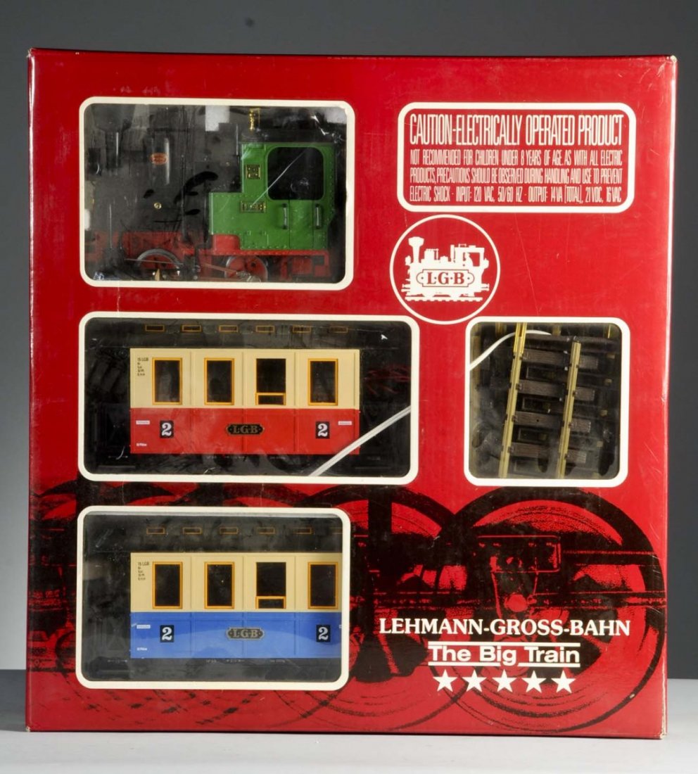 LGB Box Set No.20301 U.S.: Set includes one 0-4-0 steam locomotive, two appropriate passenger cars, track, and a transformer. All are in like new condition in original box. Condition (Excellent).
